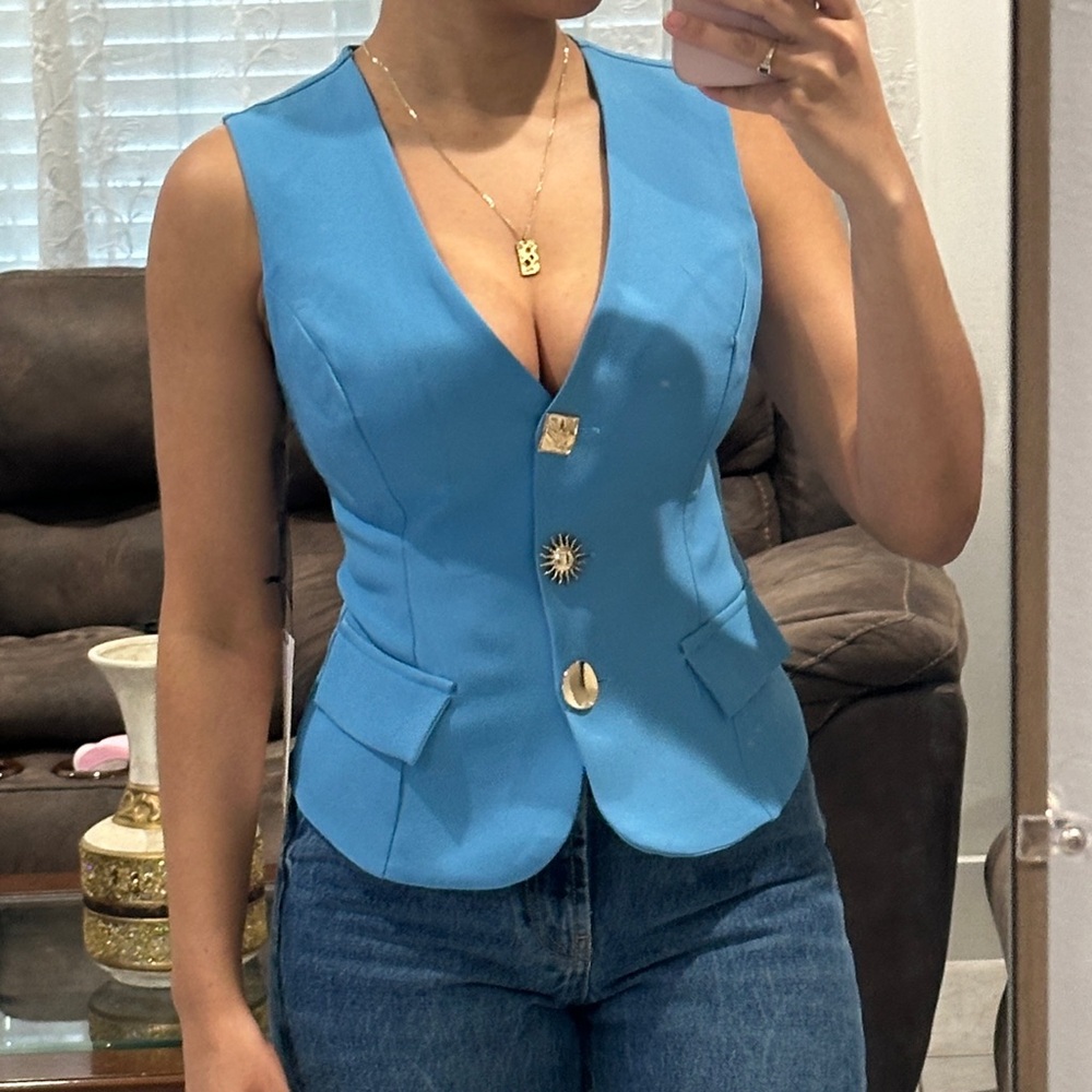 Stylish Blue Buttoned Vest